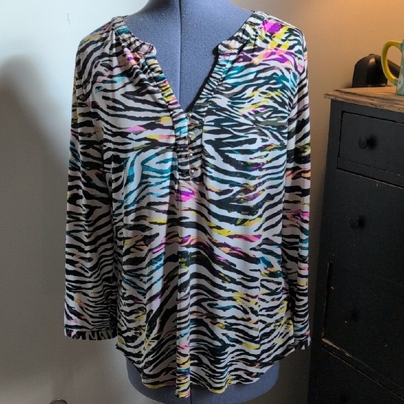 Dana Buchman Pink and Blue Polo Blouse with 3/4 Sleeves - Picture 1 of 8